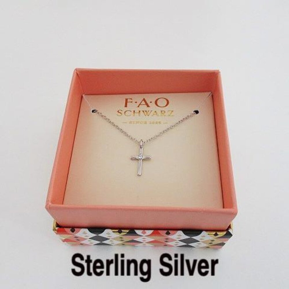 FAO Schwarz 16" 925 Silver Cross Necklace w/ Center SZ Center Stud